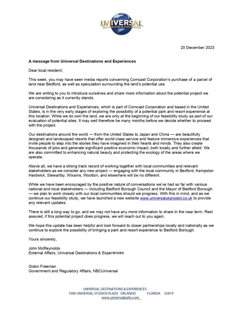 Universal’s first letter to Bedford residents, dated 20 December 2023